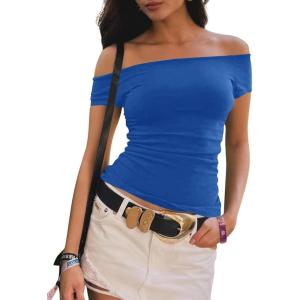 imageImily Bela Womens Off The Shoulder Tops Short Sleeve Top Quick Dry T Shirts Trendy Y2k Going Out Crop Tops Slim Fit 2025Blue