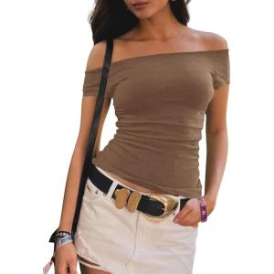 imageImily Bela Womens Off The Shoulder Tops Short Sleeve Top Quick Dry T Shirts Trendy Y2k Going Out Crop Tops Slim Fit 2025Brown