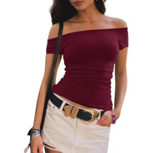 imageImily Bela Womens Off The Shoulder Tops Short Sleeve Top Quick Dry T Shirts Trendy Y2k Going Out Crop Tops Slim Fit 2025Burgundy