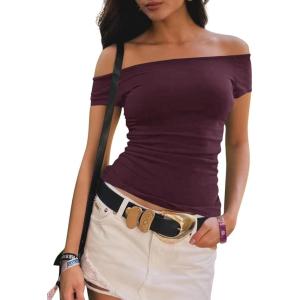 imageImily Bela Womens Off The Shoulder Tops Short Sleeve Top Quick Dry T Shirts Trendy Y2k Going Out Crop Tops Slim Fit 2025Fuchsia