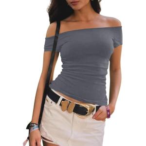 imageImily Bela Womens Off The Shoulder Tops Short Sleeve Top Quick Dry T Shirts Trendy Y2k Going Out Crop Tops Slim Fit 2025Grey