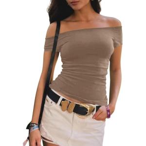 imageImily Bela Womens Off The Shoulder Tops Short Sleeve Top Quick Dry T Shirts Trendy Y2k Going Out Crop Tops Slim Fit 2025Light Brown