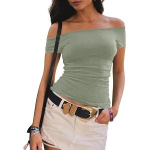 imageImily Bela Womens Off The Shoulder Tops Short Sleeve Top Quick Dry T Shirts Trendy Y2k Going Out Crop Tops Slim Fit 2025Light Green