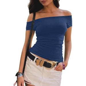 imageImily Bela Womens Off The Shoulder Tops Short Sleeve Top Quick Dry T Shirts Trendy Y2k Going Out Crop Tops Slim Fit 2025Navy