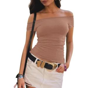 imageImily Bela Womens Off The Shoulder Tops Short Sleeve Top Quick Dry T Shirts Trendy Y2k Going Out Crop Tops Slim Fit 2025Orange Red