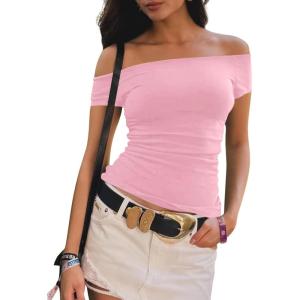 imageImily Bela Womens Off The Shoulder Tops Short Sleeve Top Quick Dry T Shirts Trendy Y2k Going Out Crop Tops Slim Fit 2025Pink
