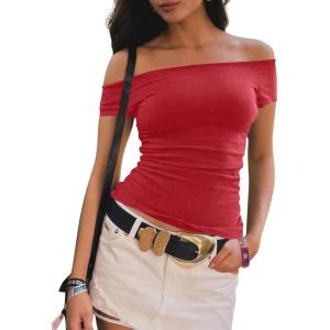 imageImily Bela Womens Off The Shoulder Tops Short Sleeve Top Quick Dry T Shirts Trendy Y2k Going Out Crop Tops Slim Fit 2025Red