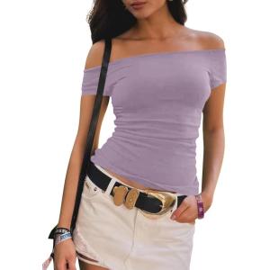 imageImily Bela Womens Off The Shoulder Tops Short Sleeve Top Quick Dry T Shirts Trendy Y2k Going Out Crop Tops Slim Fit 2025Violet