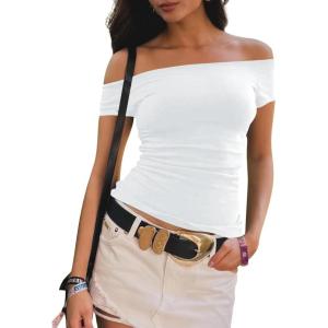 imageImily Bela Womens Off The Shoulder Tops Short Sleeve Top Quick Dry T Shirts Trendy Y2k Going Out Crop Tops Slim Fit 2025White