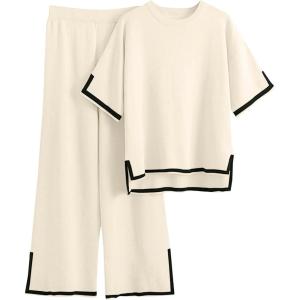 imageImily Bela Womens Plus Size Lounge Sets 2 Piece Outfits Short Sleeve Pullover Tops Wide Leg Pants Summer Travel OutfitsApricot