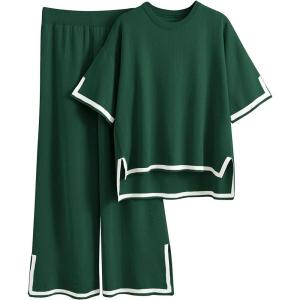 imageImily Bela Womens Plus Size Lounge Sets 2 Piece Outfits Short Sleeve Pullover Tops Wide Leg Pants Summer Travel OutfitsArmy Green
