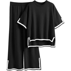 imageImily Bela Womens Plus Size Lounge Sets 2 Piece Outfits Short Sleeve Pullover Tops Wide Leg Pants Summer Travel OutfitsBlack
