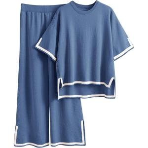 imageImily Bela Womens Plus Size Lounge Sets 2 Piece Outfits Short Sleeve Pullover Tops Wide Leg Pants Summer Travel OutfitsBlue
