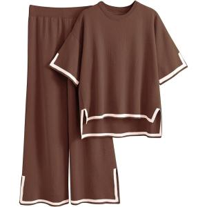 imageImily Bela Womens Plus Size Lounge Sets 2 Piece Outfits Short Sleeve Pullover Tops Wide Leg Pants Summer Travel OutfitsBrown