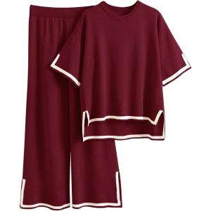 imageImily Bela Womens Plus Size Lounge Sets 2 Piece Outfits Short Sleeve Pullover Tops Wide Leg Pants Summer Travel OutfitsBurgundy