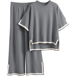 imageImily Bela Womens Plus Size Lounge Sets 2 Piece Outfits Short Sleeve Pullover Tops Wide Leg Pants Summer Travel OutfitsGrey