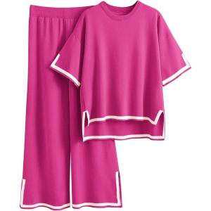 imageImily Bela Womens Plus Size Lounge Sets 2 Piece Outfits Short Sleeve Pullover Tops Wide Leg Pants Summer Travel OutfitsHot Pink