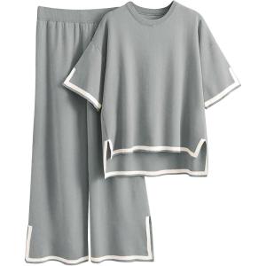 imageImily Bela Womens Plus Size Lounge Sets 2 Piece Outfits Short Sleeve Pullover Tops Wide Leg Pants Summer Travel OutfitsLight Grey
