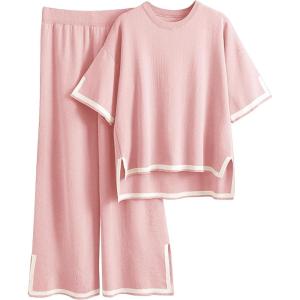 imageImily Bela Womens Plus Size Lounge Sets 2 Piece Outfits Short Sleeve Pullover Tops Wide Leg Pants Summer Travel OutfitsPink