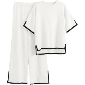 imageImily Bela Womens Plus Size Lounge Sets 2 Piece Outfits Short Sleeve Pullover Tops Wide Leg Pants Summer Travel OutfitsWhite
