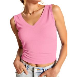 imageImily Bela Womens Ribbed Tank Tops Summer Slim Fit V Neck Tops Casual Basic Knit Sleeveless ShirtsPink
