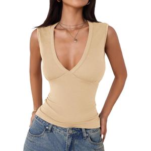 imageImily Bela Womens Sexy Plunge Deep V Neck Going Out Tank Top Summer Sleeveless Slim Fitted Workout TopsBeige