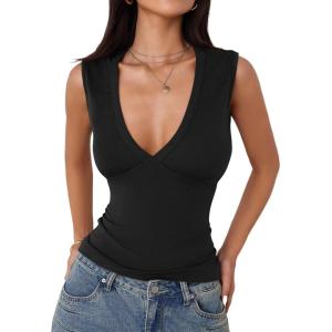imageImily Bela Womens Sexy Plunge Deep V Neck Going Out Tank Top Summer Sleeveless Slim Fitted Workout TopsBlack