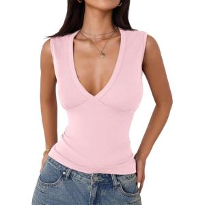 imageImily Bela Womens Sexy Plunge Deep V Neck Going Out Tank Top Summer Sleeveless Slim Fitted Workout TopsLight Pink