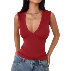 imageImily Bela Womens Sexy Plunge Deep V Neck Going Out Tank Top Summer Sleeveless Slim Fitted Workout TopsWine Red