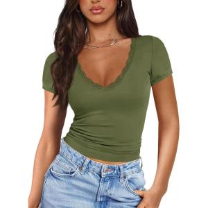 imageImily Bela Womens Sexy V Neck T Shirts Summer Lace Short Sleeve Slim Fit Y2k Going Out Crop TopsArmy Green