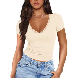 imageImily Bela Womens Sexy V Neck T Shirts Summer Lace Short Sleeve Slim Fit Y2k Going Out Crop TopsBeige