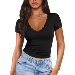 imageImily Bela Womens Sexy V Neck T Shirts Summer Lace Short Sleeve Slim Fit Y2k Going Out Crop TopsBlack