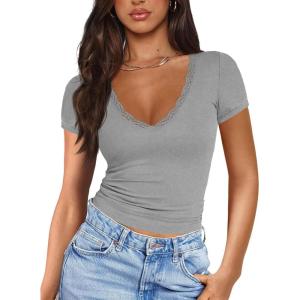 imageImily Bela Womens Sexy V Neck T Shirts Summer Lace Short Sleeve Slim Fit Y2k Going Out Crop TopsGrey