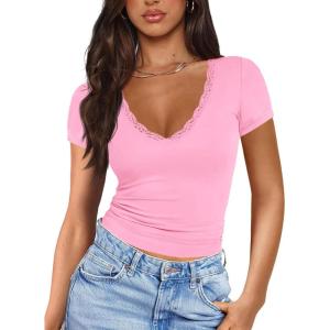 imageImily Bela Womens Sexy V Neck T Shirts Summer Lace Short Sleeve Slim Fit Y2k Going Out Crop TopsPink