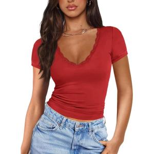 imageImily Bela Womens Sexy V Neck T Shirts Summer Lace Short Sleeve Slim Fit Y2k Going Out Crop TopsRed
