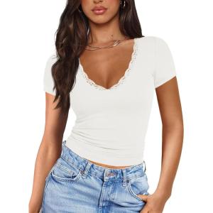 imageImily Bela Womens Sexy V Neck T Shirts Summer Lace Short Sleeve Slim Fit Y2k Going Out Crop TopsWhite