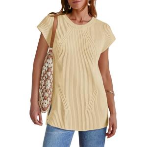 imageImily Bela Womens Short Sleeve Sweater Casual Crew Neck Rribbed Knit Split Pullover Summer Tunic TopsApricot