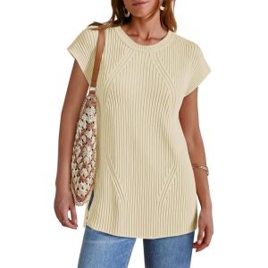 imageImily Bela Womens Short Sleeve Sweater Casual Crew Neck Rribbed Knit Split Pullover Summer Tunic TopsBeige