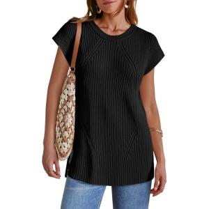 imageImily Bela Womens Short Sleeve Sweater Casual Crew Neck Rribbed Knit Split Pullover Summer Tunic TopsBlack