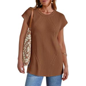 imageImily Bela Womens Short Sleeve Sweater Casual Crew Neck Rribbed Knit Split Pullover Summer Tunic TopsBrown