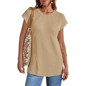 imageImily Bela Womens Short Sleeve Sweater Casual Crew Neck Rribbed Knit Split Pullover Summer Tunic TopsKhaki