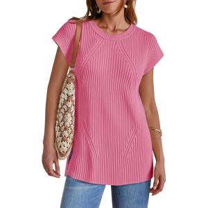 imageImily Bela Womens Short Sleeve Sweater Casual Crew Neck Rribbed Knit Split Pullover Summer Tunic TopsPink