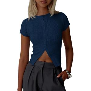 imageImily Bela Womens Short Sleeve Sweater Tops Summer Button Down Casual Ribbed Knit Slim Fit Cropped Cardigan ShirtsNavy