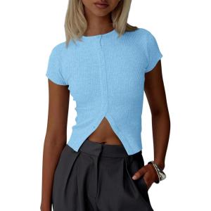 imageImily Bela Womens Short Sleeve Sweater Tops Summer Button Down Casual Ribbed Knit Slim Fit Cropped Cardigan ShirtsSky Blue
