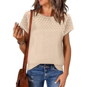imageImily Bela Womens Short Sleeve Sweaters Casual Crewneck Crochet Knit Summer Loose Trendy Pullover TopsApricot