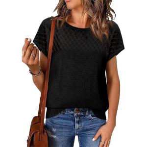 imageImily Bela Womens Short Sleeve Sweaters Casual Crewneck Crochet Knit Summer Loose Trendy Pullover TopsBlack