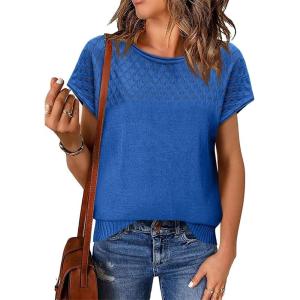 imageImily Bela Womens Short Sleeve Sweaters Casual Crewneck Crochet Knit Summer Loose Trendy Pullover TopsBlue