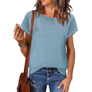 imageImily Bela Womens Short Sleeve Sweaters Casual Crewneck Crochet Knit Summer Loose Trendy Pullover TopsBluish Gray