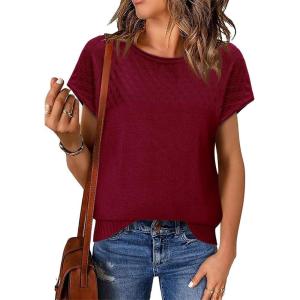 imageImily Bela Womens Short Sleeve Sweaters Casual Crewneck Crochet Knit Summer Loose Trendy Pullover TopsBurgundy