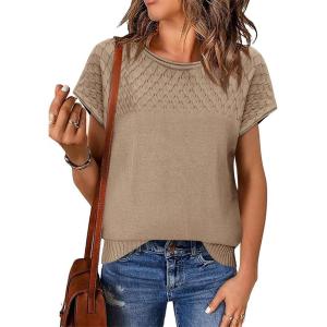imageImily Bela Womens Short Sleeve Sweaters Casual Crewneck Crochet Knit Summer Loose Trendy Pullover TopsCoffee
